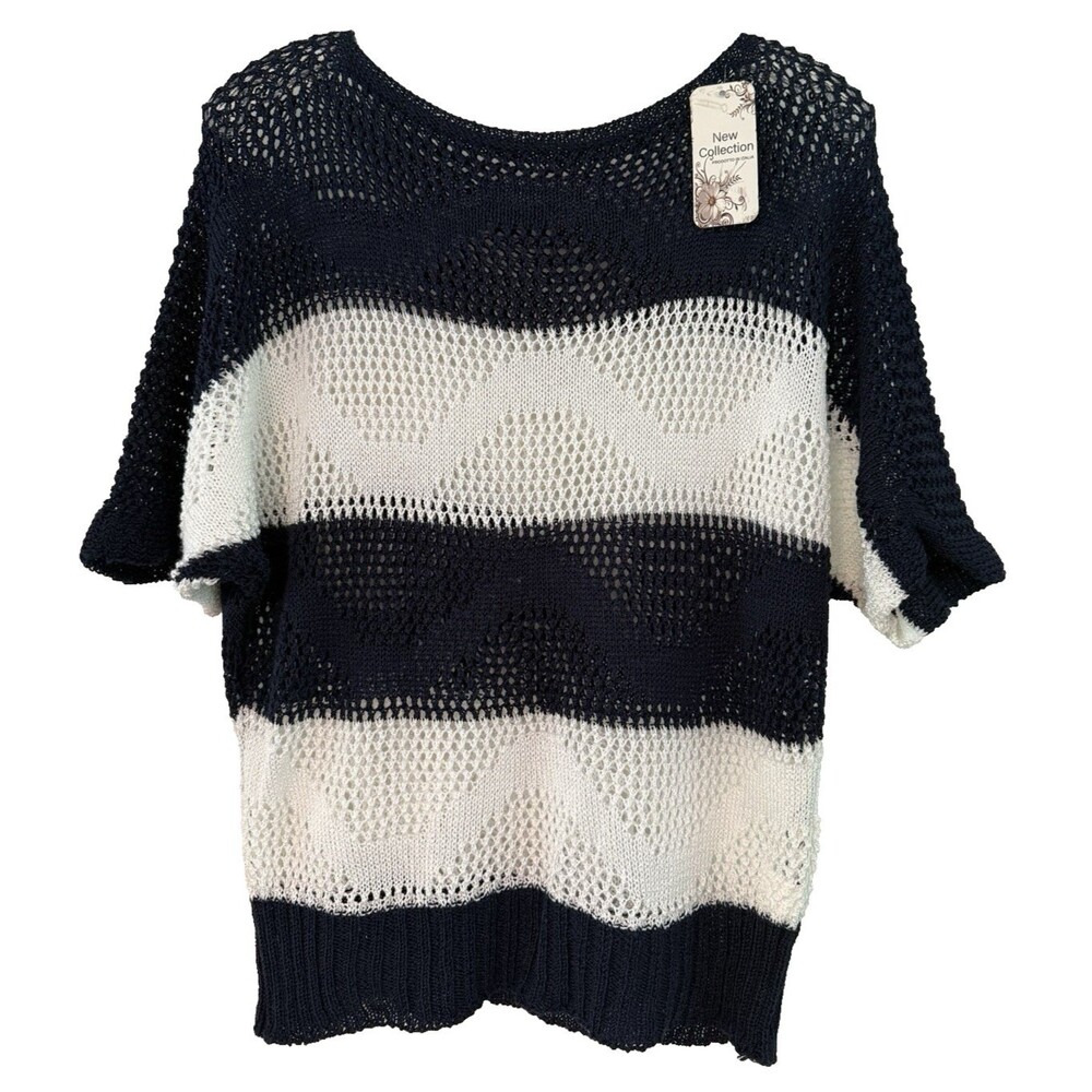 Made In Italy Open Knit Boat Neck Sweater Navy Blue/White OS  Striped Coastal